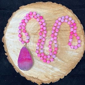 Beaded Pink Crackle Agate Mala Necklace